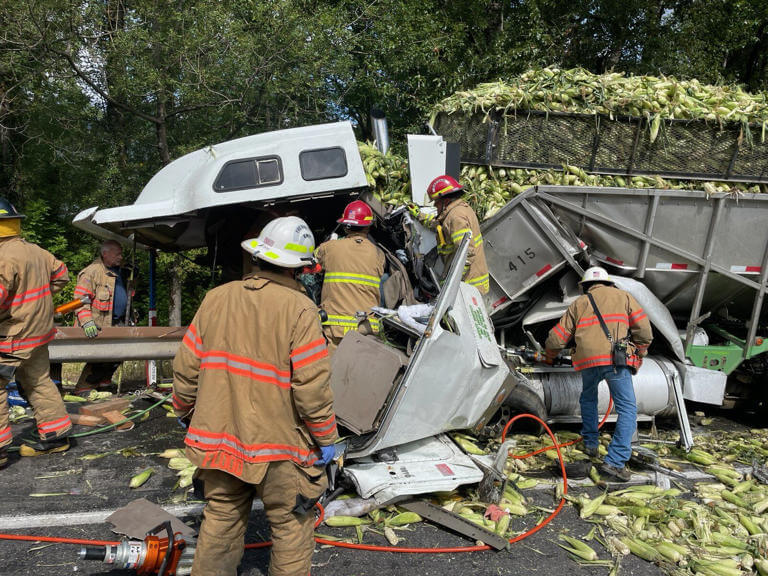 A semi-truck carrying corn crashed on Oregon’s Interstate 84 highway.