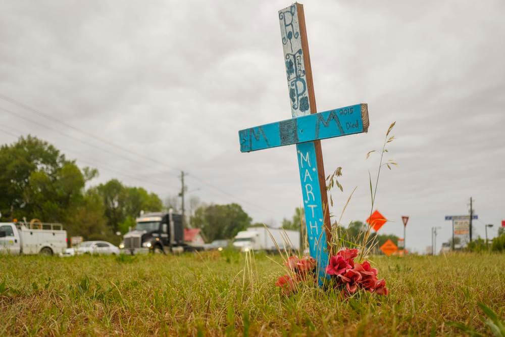 Roadside memorial for a pedestrian struck and killed near Macon, Georgia in 2015.