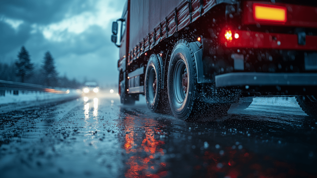 ultra realistic image of a truck on a highway, focusing on tires, need to be raining